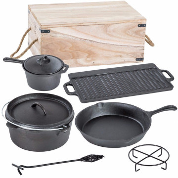 Pre-seasoned Cast iron set Camping with Wooden Storage Crate